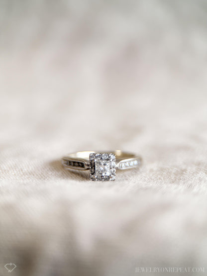 Vintage Diamond Engagement Ring, Princess Cut, 14k White Gold, 1990s Halo Bridal Ring