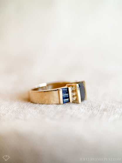 Vintage Sapphire and Diamond Engagement Ring, 14k Gold, Channel Emerald Baguette, Alternative Bridal Jewelry