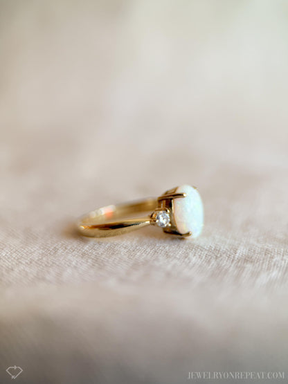 Vintage Opal Ring, 14k Gold, Oval Three Stone Statement Ring, Bold Gemstone Jewelry