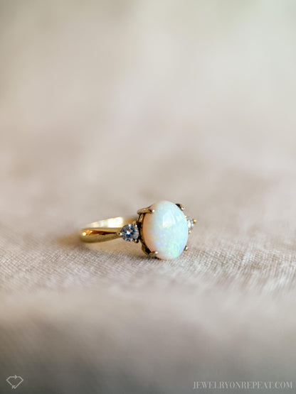Vintage Opal Ring, 14k Gold, Oval Three Stone Statement Ring, Bold Gemstone Jewelry