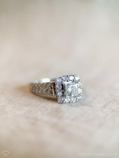 Vintage Diamond Engagement Ring, Princess Cut, 14k White Gold, 1990s Halo Bridal Ring