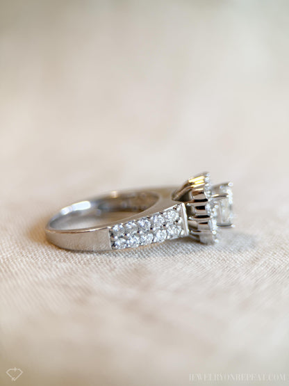 Vintage Diamond Engagement Ring, Princess Cut, 14k White Gold, 1990s Halo Bridal Ring
