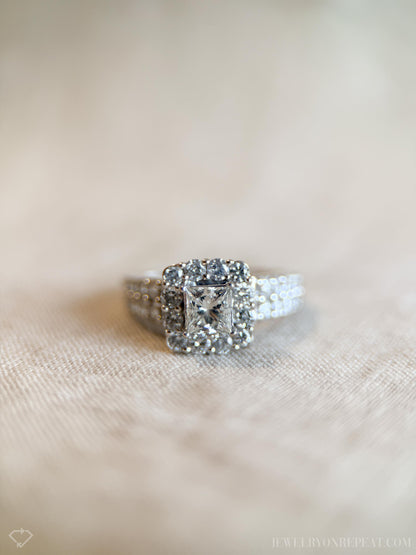 Vintage Diamond Engagement Ring, Princess Cut, 14k White Gold, 1990s Halo Bridal Ring