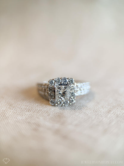 Vintage Diamond Engagement Ring, Princess Cut, 14k White Gold, 1990s Halo Bridal Ring