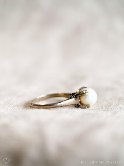 Vintage 1940s Pearl Solitaire Engagement Ring in 14k White Gold • One-of-a-kind Vintage Jewelry