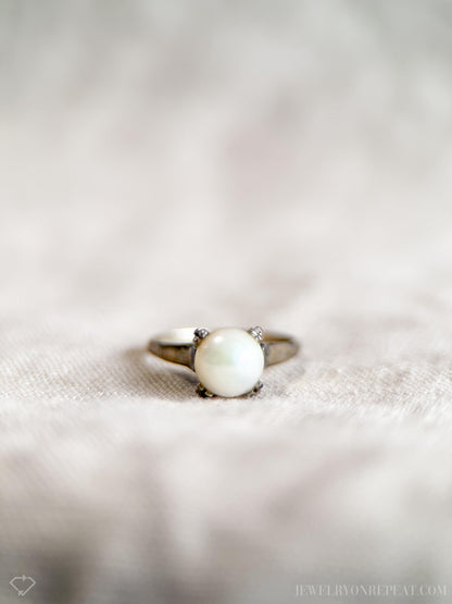 Vintage 1940s Pearl Solitaire Engagement Ring in 14k White Gold • One-of-a-kind Vintage Jewelry