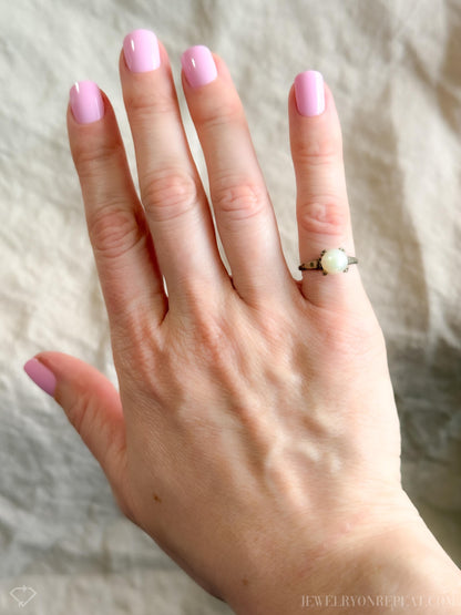 Vintage 1940s Pearl Solitaire Engagement Ring in 14k White Gold • One-of-a-kind Vintage Jewelry