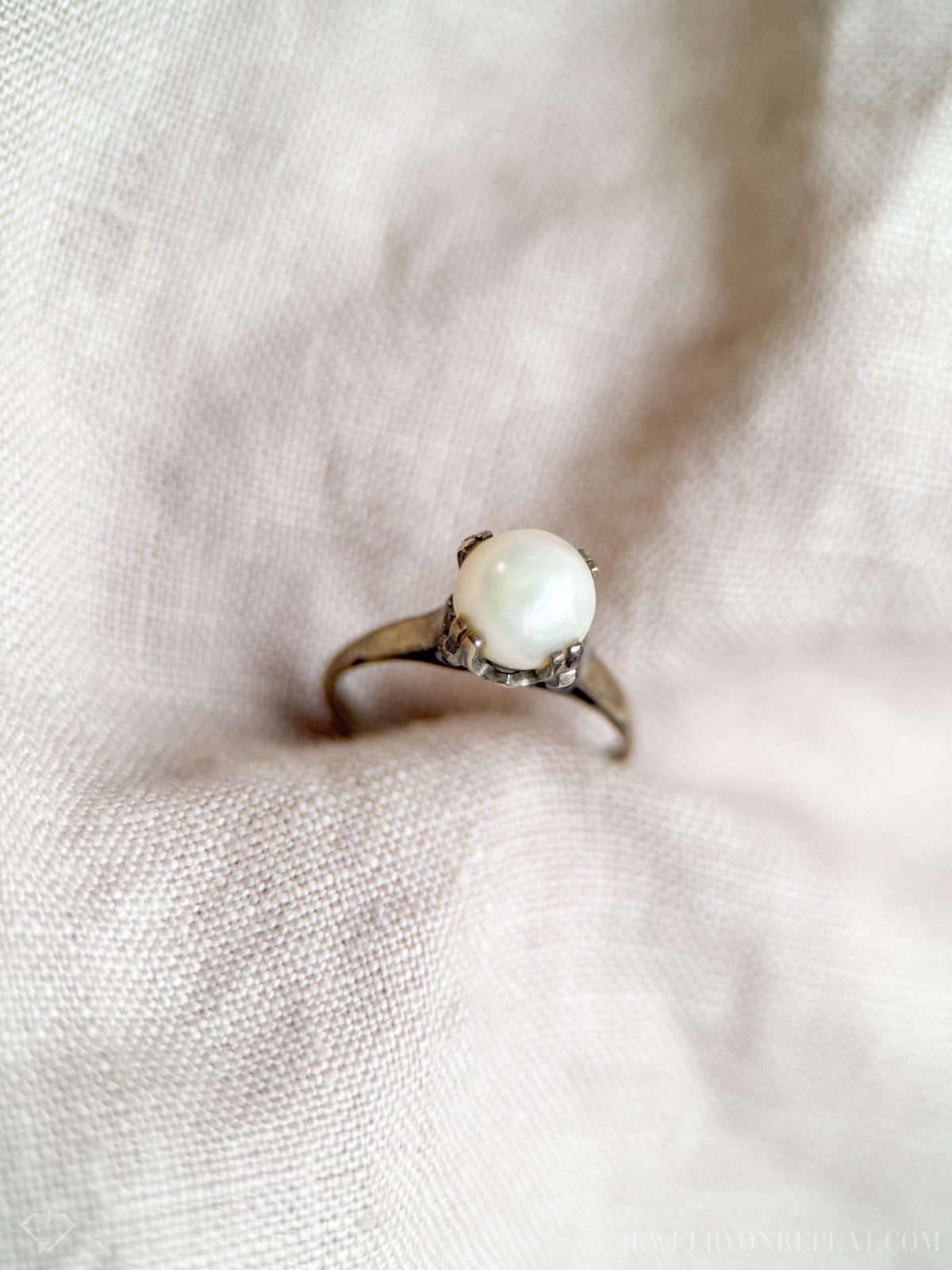 Vintage 1940s Pearl Solitaire Engagement Ring in 14k White Gold • One-of-a-kind Vintage Jewelry