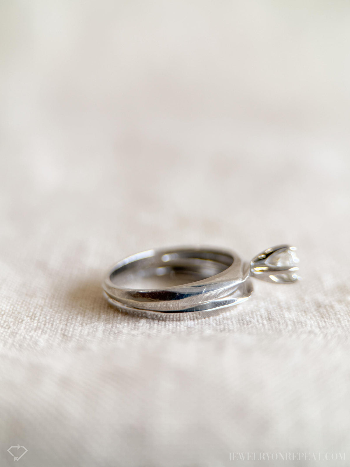 Vintage Diamond Engagement & Wedding Ring, Round Cut, 14k White Gold, 1950s Mid-Century Bridal Set