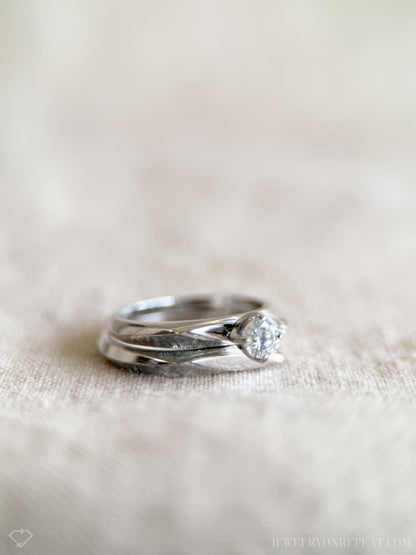 Vintage Diamond Engagement & Wedding Ring, Round Cut, 14k White Gold, 1950s Mid-Century Bridal Set