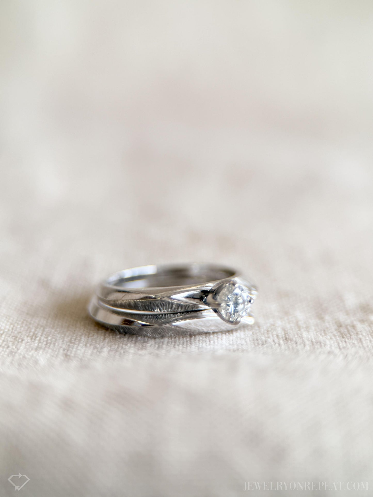Vintage Diamond Engagement & Wedding Ring, Round Cut, 14k White Gold, 1950s Mid-Century Bridal Set