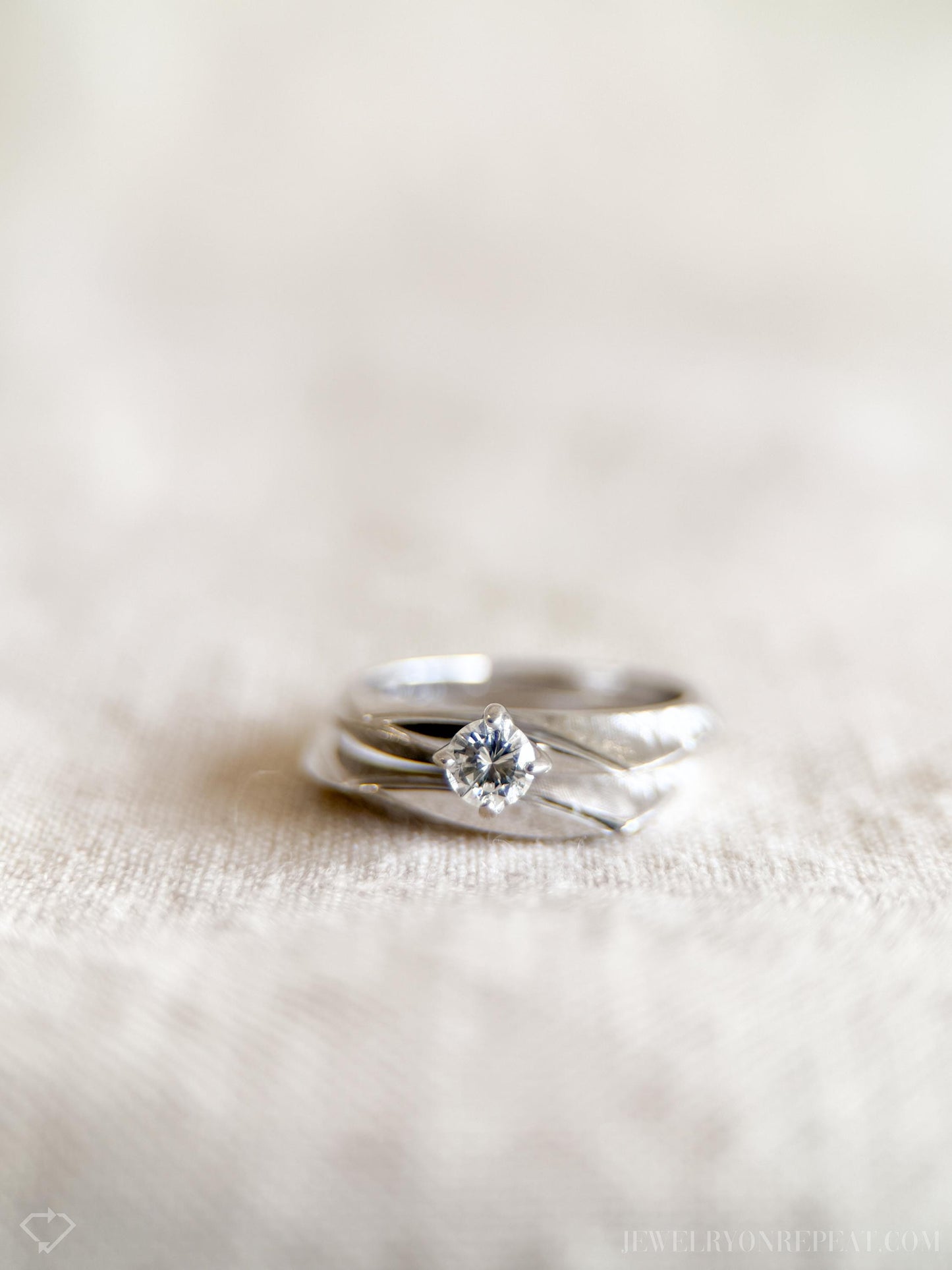 Vintage Diamond Engagement & Wedding Ring, Round Cut, 14k White Gold, 1950s Mid-Century Bridal Set