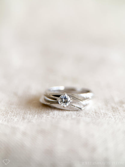 Vintage Diamond Engagement & Wedding Ring, Round Cut, 14k White Gold, 1950s Mid-Century Bridal Set