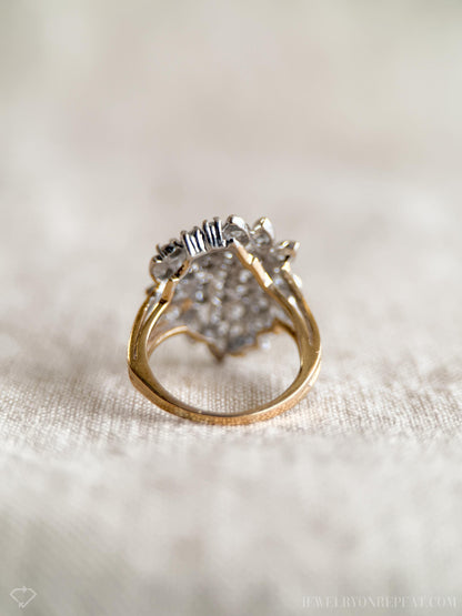 Vintage Diamond Engagement Ring, Round Cut, 14k Gold, 1990s Floral Cluster Ring