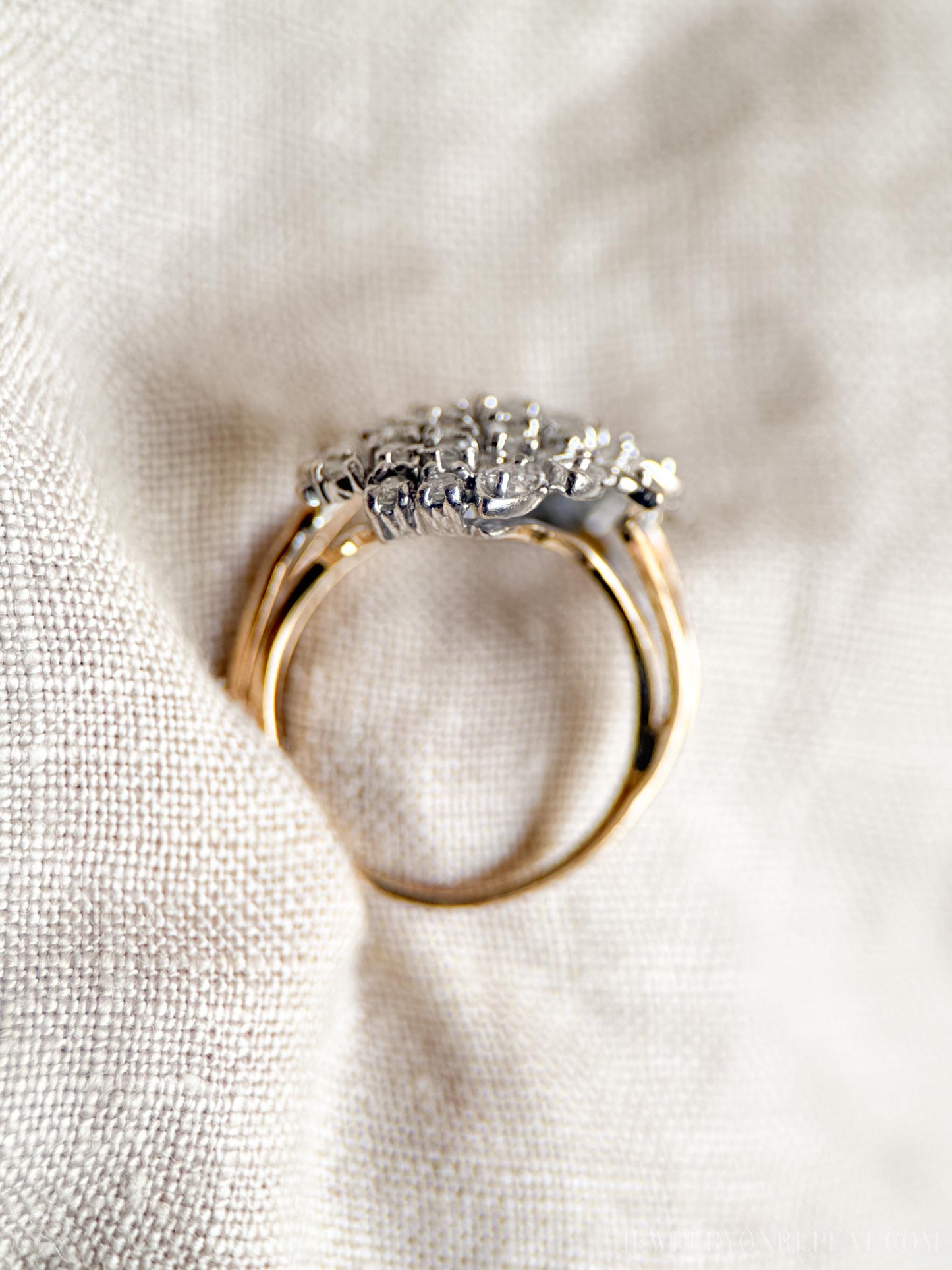Vintage Diamond Engagement Ring, Round Cut, 14k Gold, 1990s Floral Cluster Ring