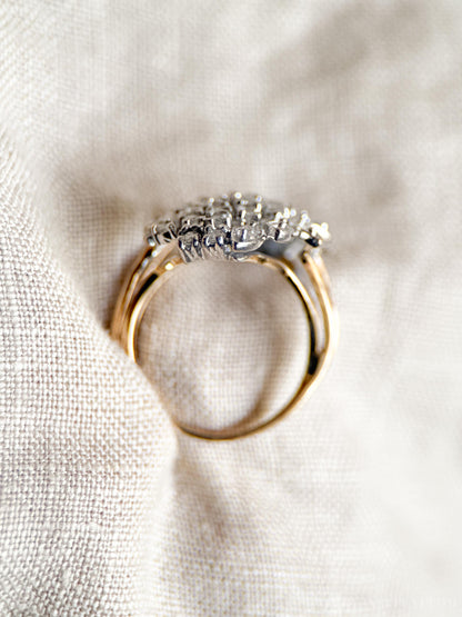 Vintage Diamond Engagement Ring, Round Cut, 14k Gold, 1990s Floral Cluster Ring