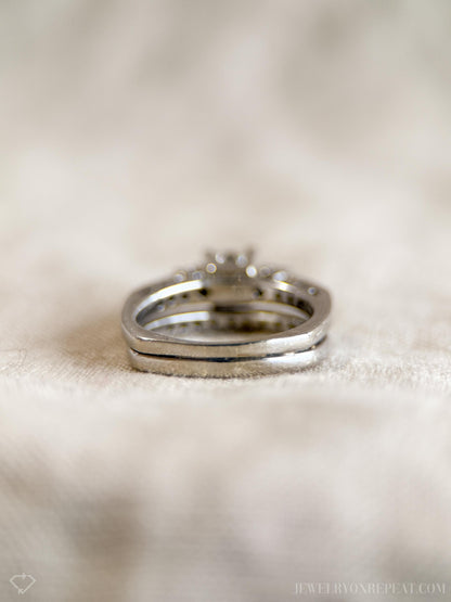 Vintage Diamond Engagement & Wedding Ring, Princess Cut, 14k White Gold, 1990s Three-Stone, Bridal Set