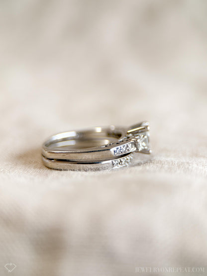 Vintage Diamond Engagement & Wedding Ring, Princess Cut, 14k White Gold, 1990s Three-Stone, Bridal Set