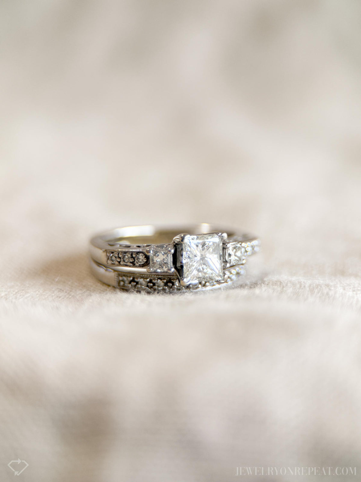 Vintage Diamond Engagement & Wedding Ring, Princess Cut, 14k White Gold, 1990s Three-Stone, Bridal Set