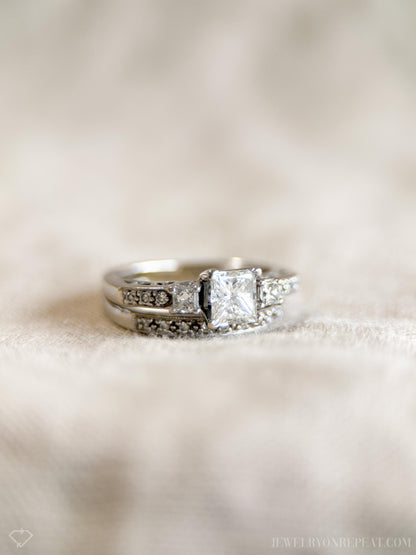 Vintage Diamond Engagement & Wedding Ring, Princess Cut, 14k White Gold, 1990s Three-Stone, Bridal Set
