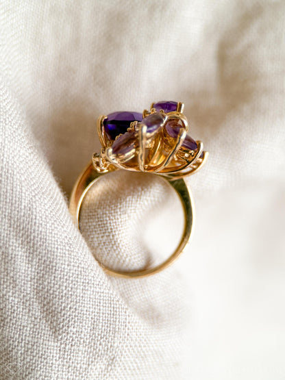 Vintage 1980s Amethyst & Diamond Cluster Ring in 14k Gold