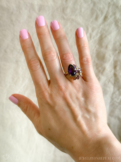 Vintage 1980s Amethyst & Diamond Cluster Ring in 14k Gold