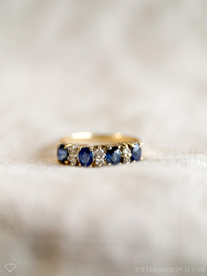 Vintage Sapphire and Diamond Anniversary Band, 14k Gold, Oval Cut Prong Set Stacking Band