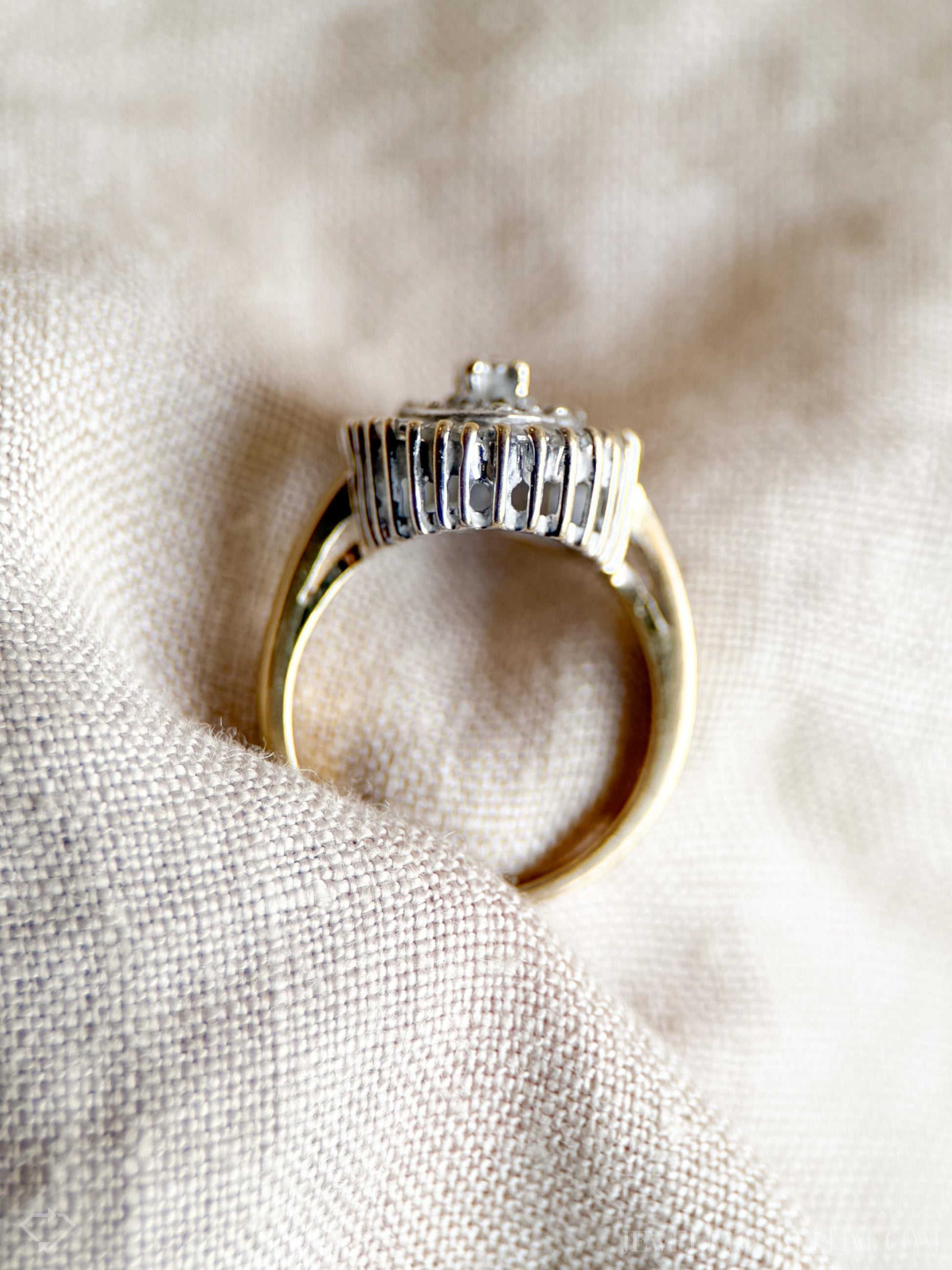 Vintage 1990s Diamond Engagement Ring, 14k Gold Cluster Halo Design • One-of-a-kind Bridal Jewelry
