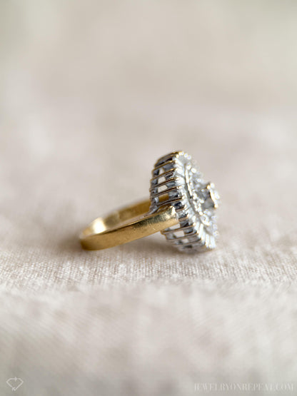 Vintage 1990s Diamond Engagement Ring, 14k Gold Cluster Halo Design • One-of-a-kind Bridal Jewelry