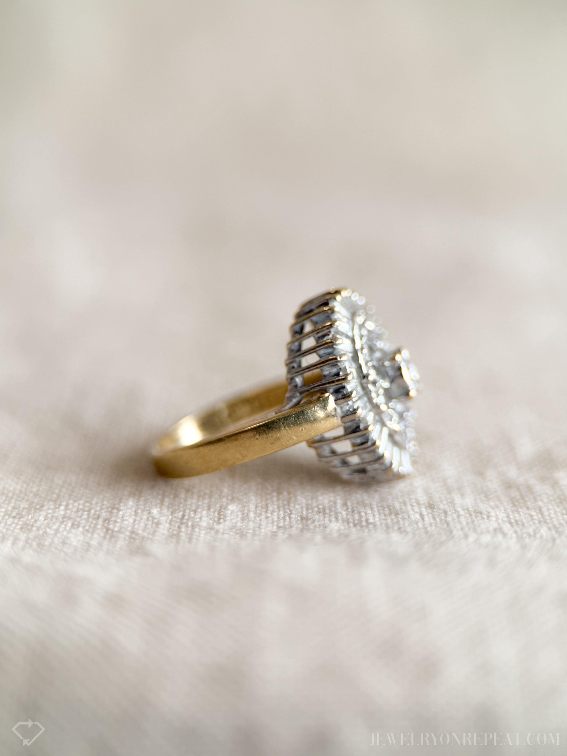 Vintage 1990s Diamond Engagement Ring, 14k Gold Cluster Halo Design • One-of-a-kind Bridal Jewelry