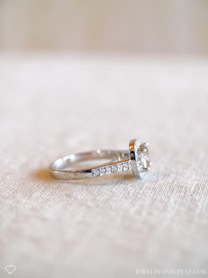 Vintage Morganite & Diamond Engagement Ring, Cushion Cut, 14k White Gold, 2000s Halo Bridal Ring