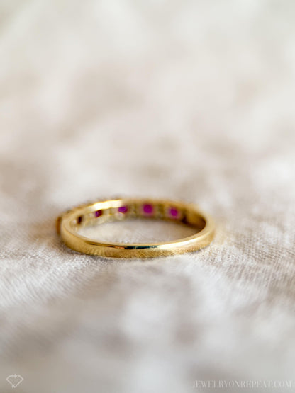 Vintage Ruby and Diamond Wedding Band 18k Gold, Prong Set Anniversary Ring, Stacking Band