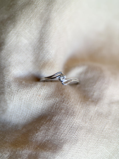 Vintage Diamond Engagement Ring, Round Cut, 18k White Gold, 1990s Swirl Solitaire Prong Setting