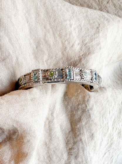 Vintage Blue Topaz Hinged Cuff Bracelet in Sterling Silver, Retro Fashion Fine Jewelry