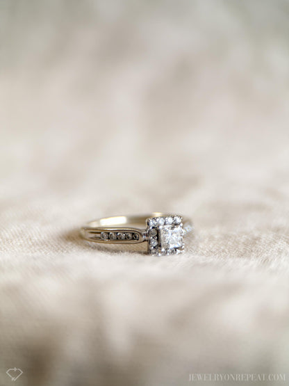 Vintage Diamond Engagement Ring, Princess Cut, 14k White Gold, 1990s Halo Bridal Ring
