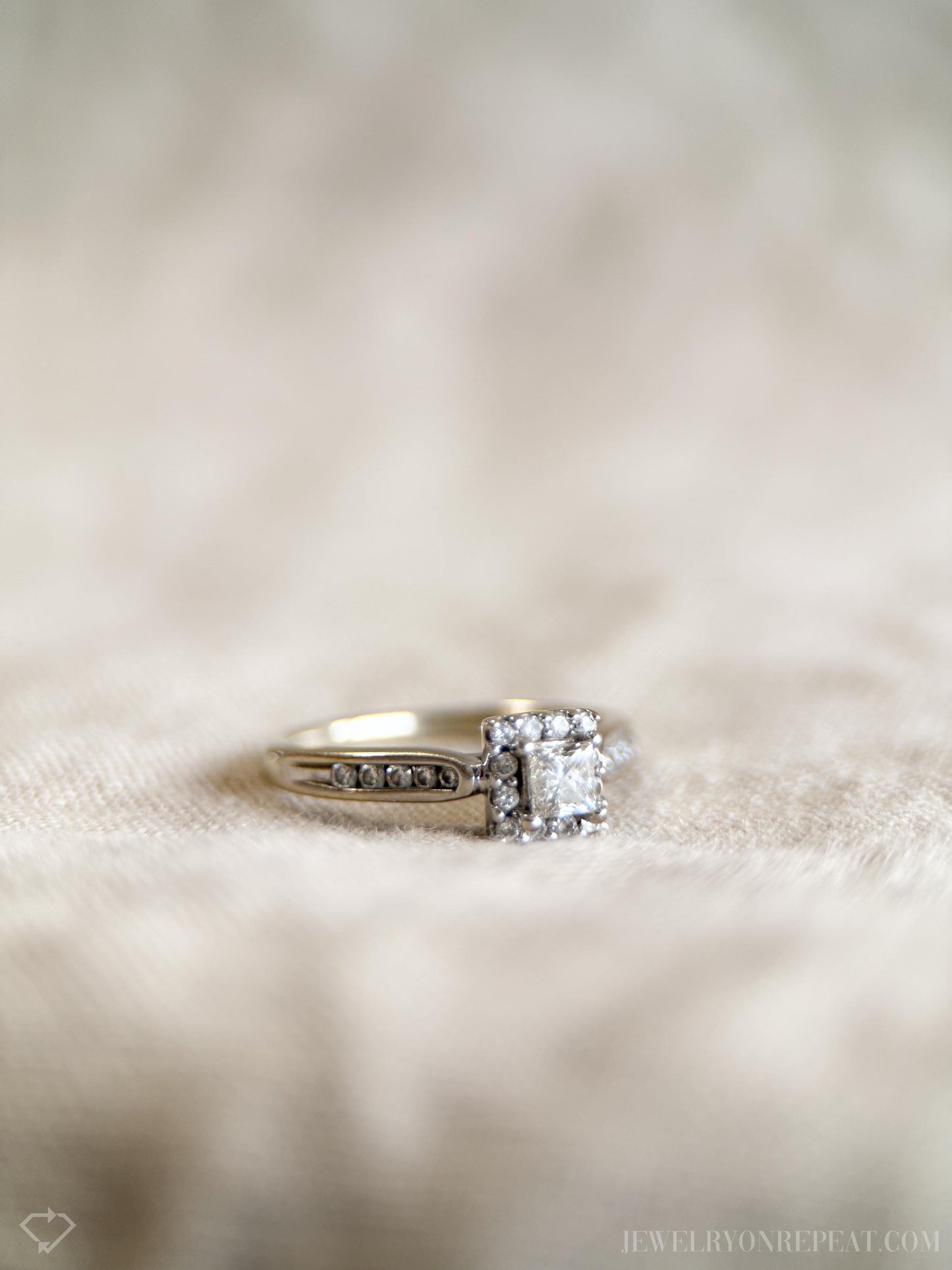 Vintage Diamond Engagement Ring, Princess Cut, 14k White Gold, 1990s Halo Bridal Ring