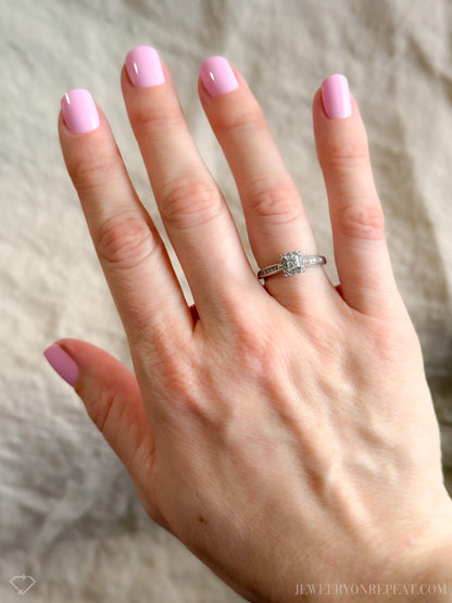 Vintage Diamond Engagement Ring, Princess Cut, 14k White Gold, 1990s Halo Bridal Ring