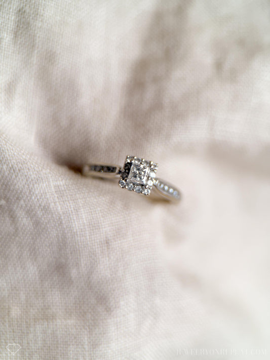 Vintage Diamond Engagement Ring, Princess Cut, 14k White Gold, 1990s Halo Bridal Ring