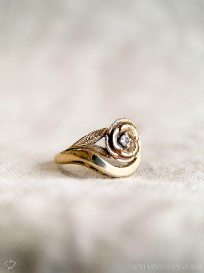 Vintage 1970s Diamond Floral Engagement Ring in 14k Gold