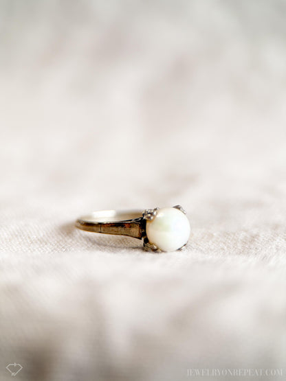 Vintage 1940s Pearl Solitaire Engagement Ring in 14k White Gold • One-of-a-kind Vintage Jewelry