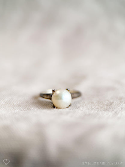 Vintage 1940s Pearl Solitaire Ring in 14k White Gold