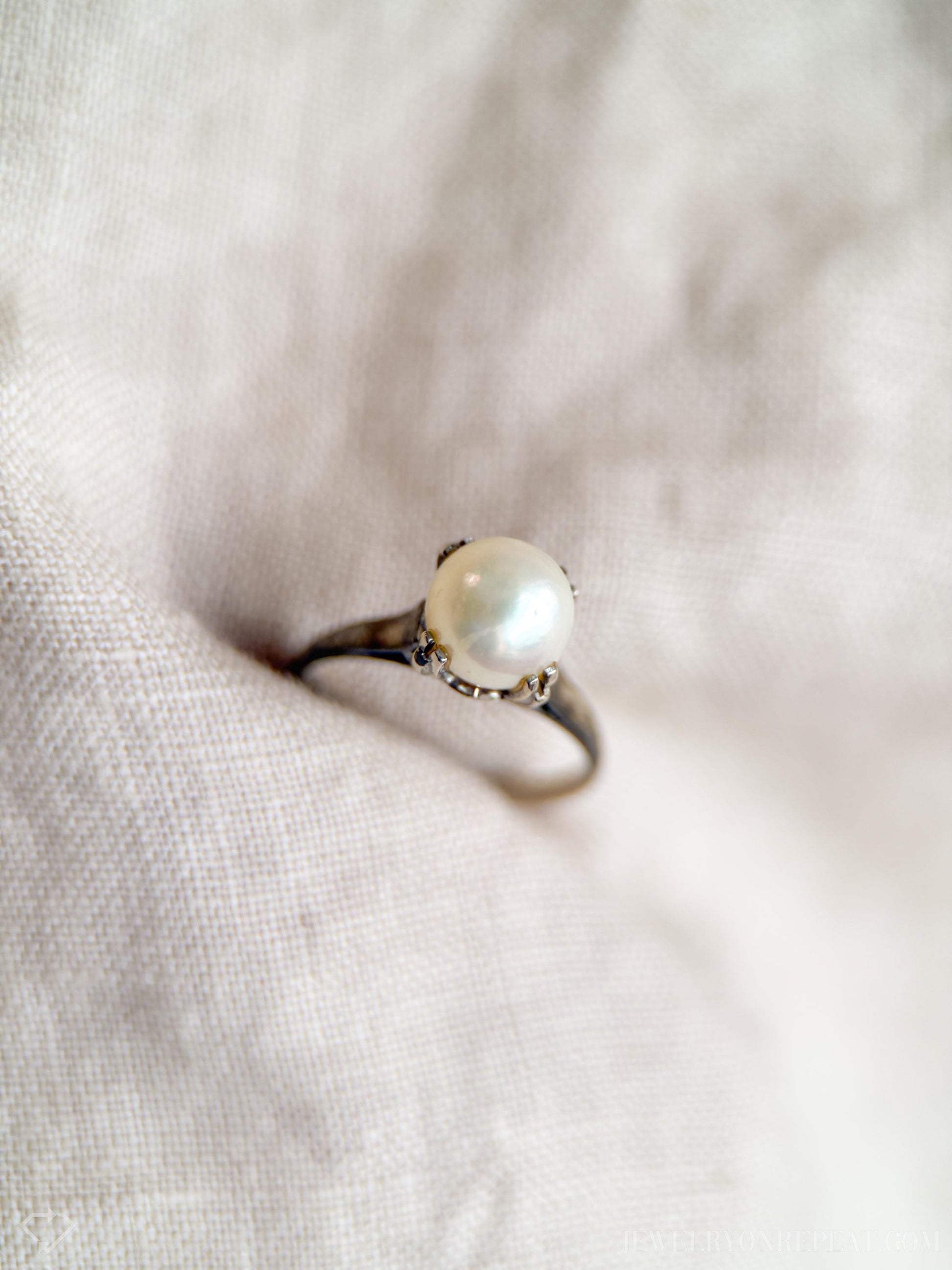 Vintage 1940s Pearl Solitaire Ring in 14k White Gold