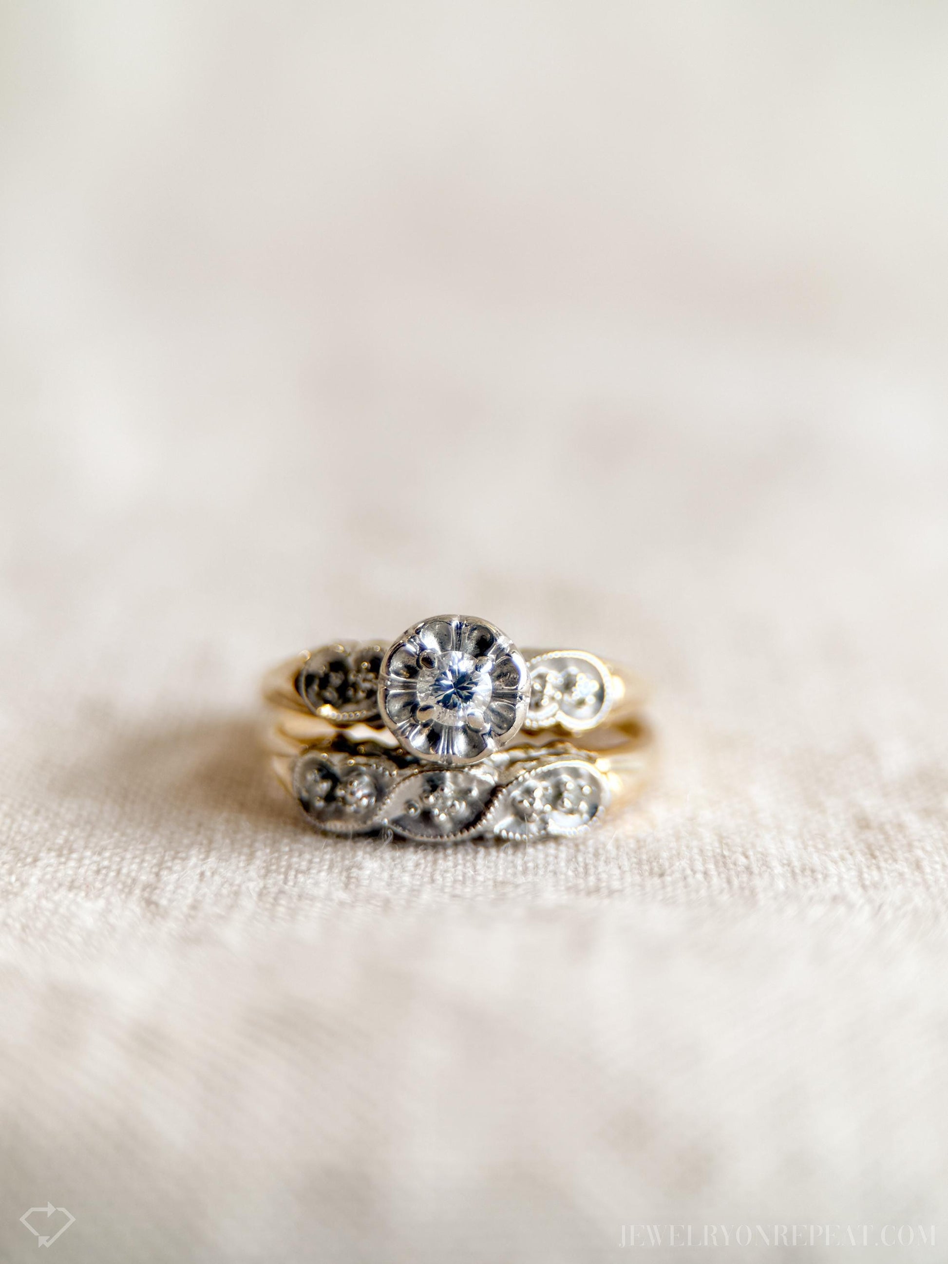 Vintage 1950s Bridal Set, Diamond Engagement Ring & Wedding Band