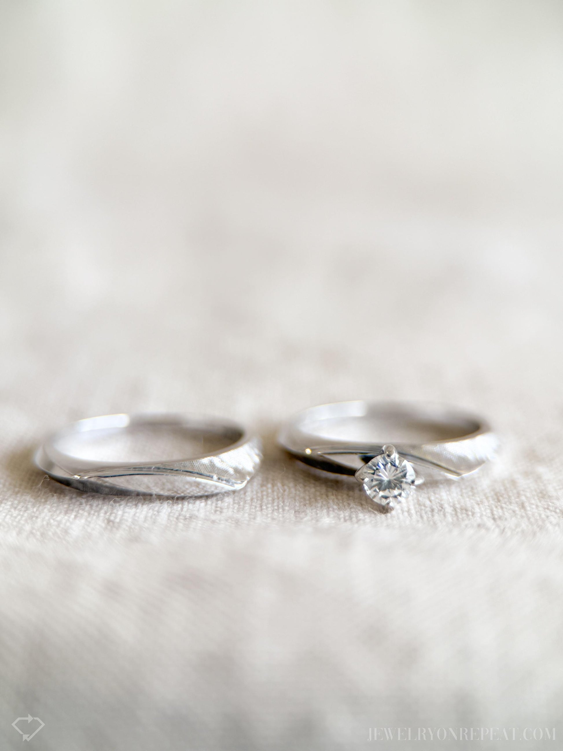 Vintage Diamond Engagement & Wedding Ring, Round Cut, 14k White Gold, 1950s Mid-Century Bridal Set