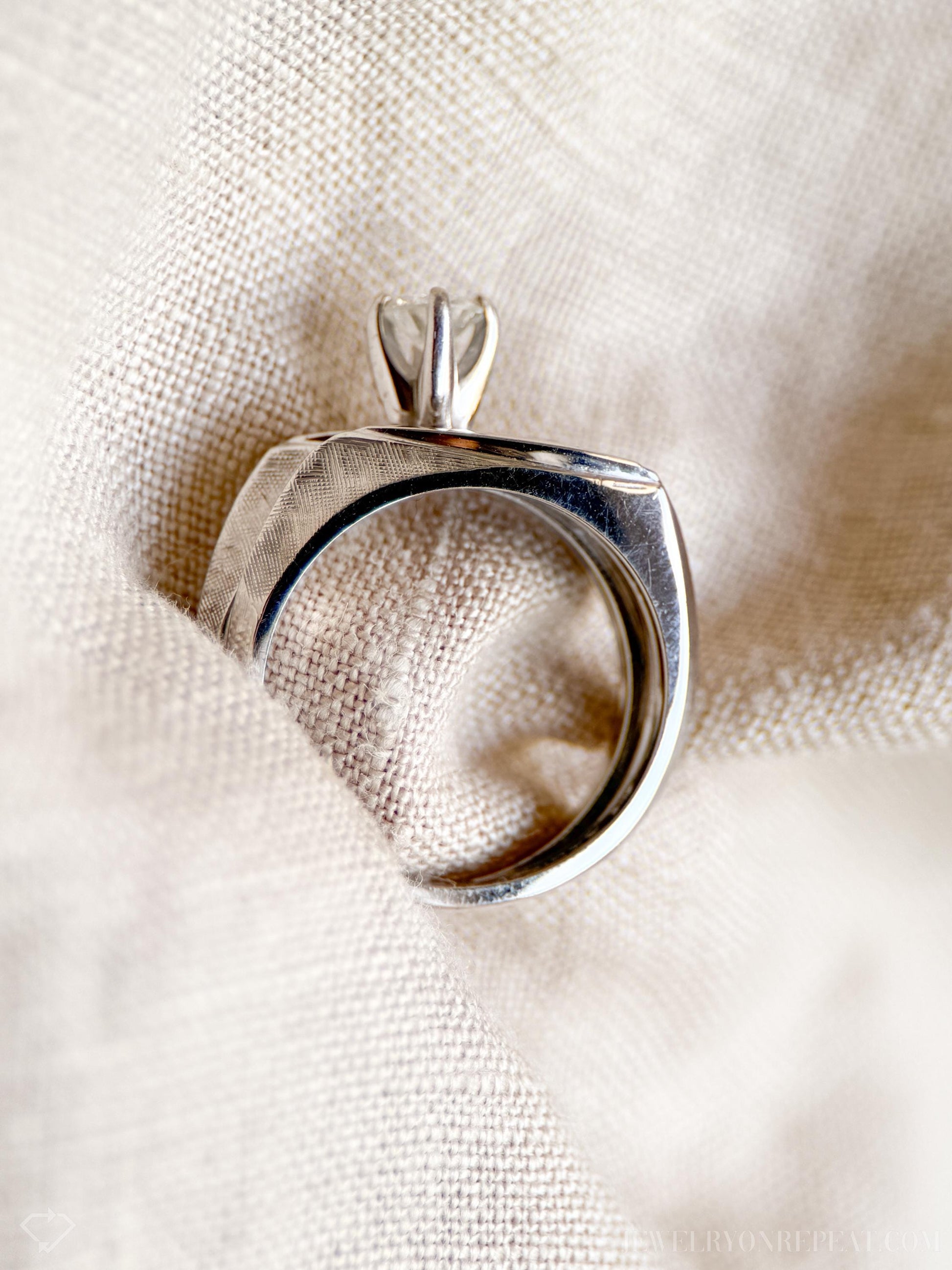 Vintage Diamond Engagement & Wedding Ring, Round Cut, 14k White Gold, 1950s Mid-Century Bridal Set