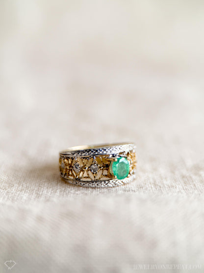 Vintage Emerald and Diamond Ring, 10k Gold, Filigree Band Statement Ring, Bold Gemstone Jewelry