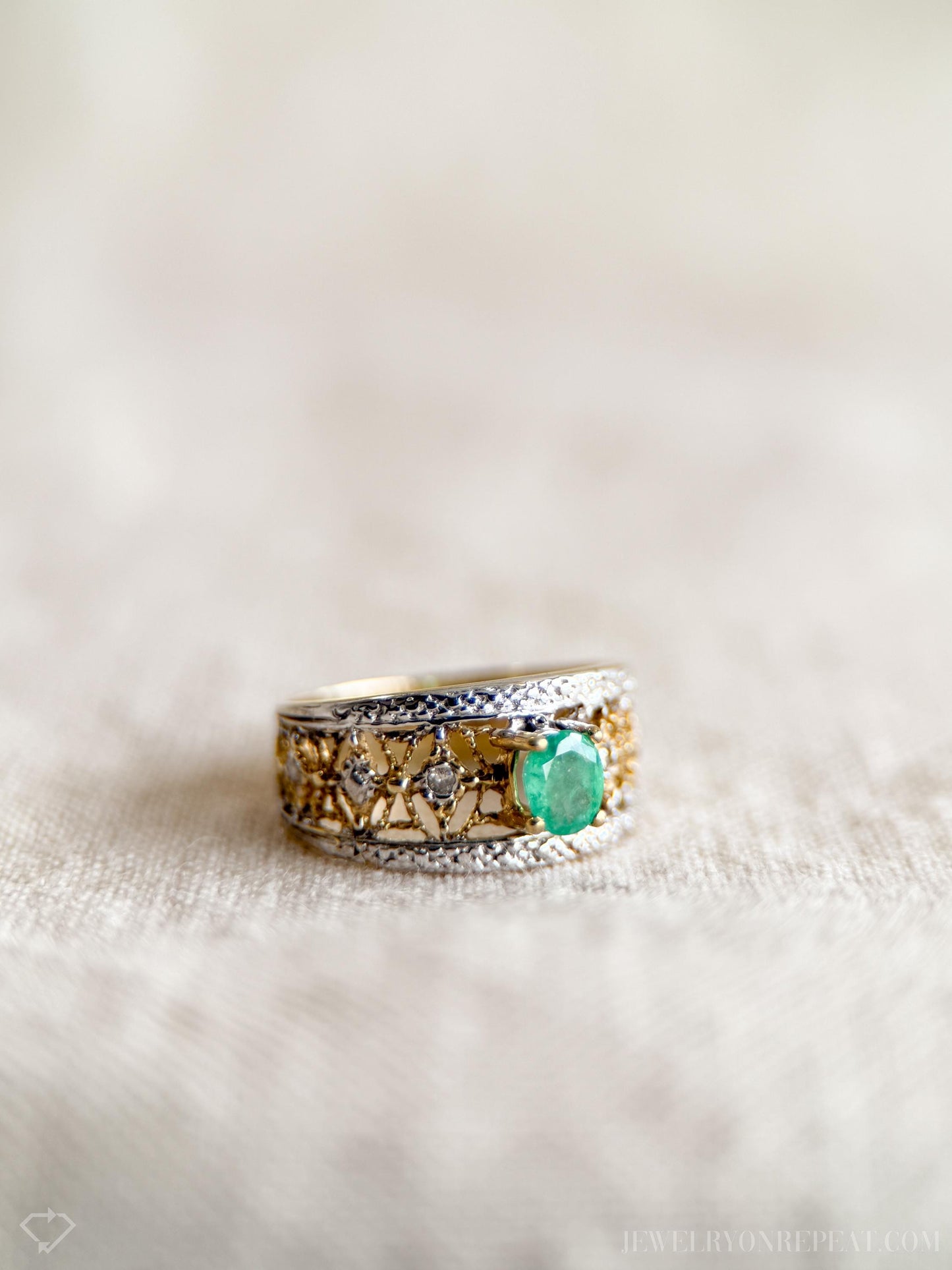 Vintage Emerald and Diamond Ring, 10k Gold, Filigree Band Statement Ring, Bold Gemstone Jewelry