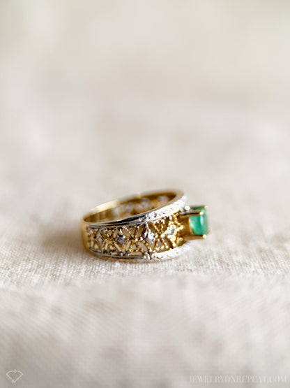 Vintage Emerald and Diamond Ring, 10k Gold, Filigree Band Statement Ring, Bold Gemstone Jewelry