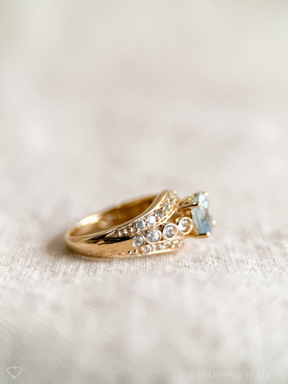 Vintage Aquamarine and Topaz Engagement Ring, Round Cut, 14k Gold Alternative Bridal Ring
