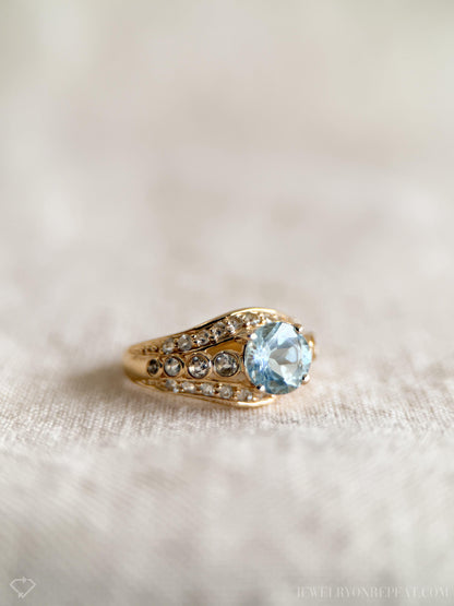 Vintage Aquamarine and Topaz Engagement Ring, Round Cut, 14k Gold Alternative Bridal Ring